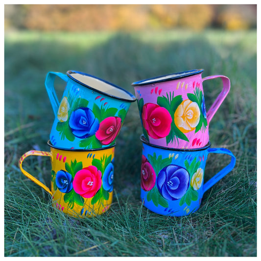 Hand painted enamel mugs